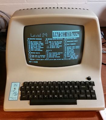 Lear Siegler ADM-3a Terminal with tan chassis connected to telnet BBS