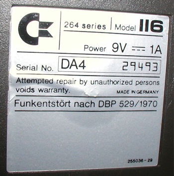 Commodore C-116 Computer SN label